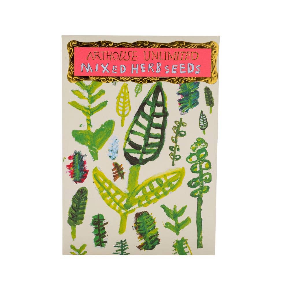 Seed packet with leaf illustrations and 'Arthouse Unlimited Mixed Herb Seeds' text on a white background