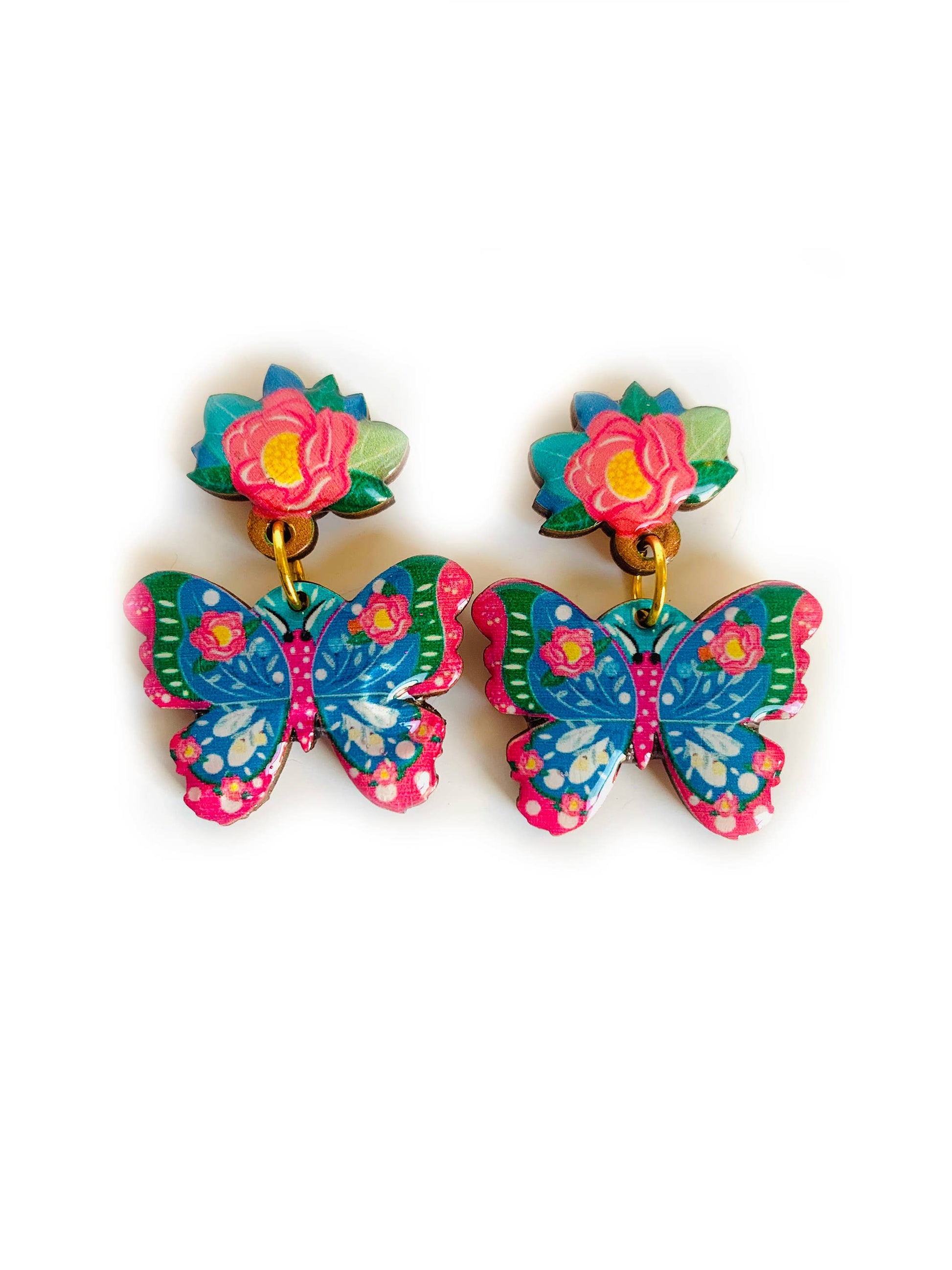 Floral and butterfly wooden and enamel earrings.