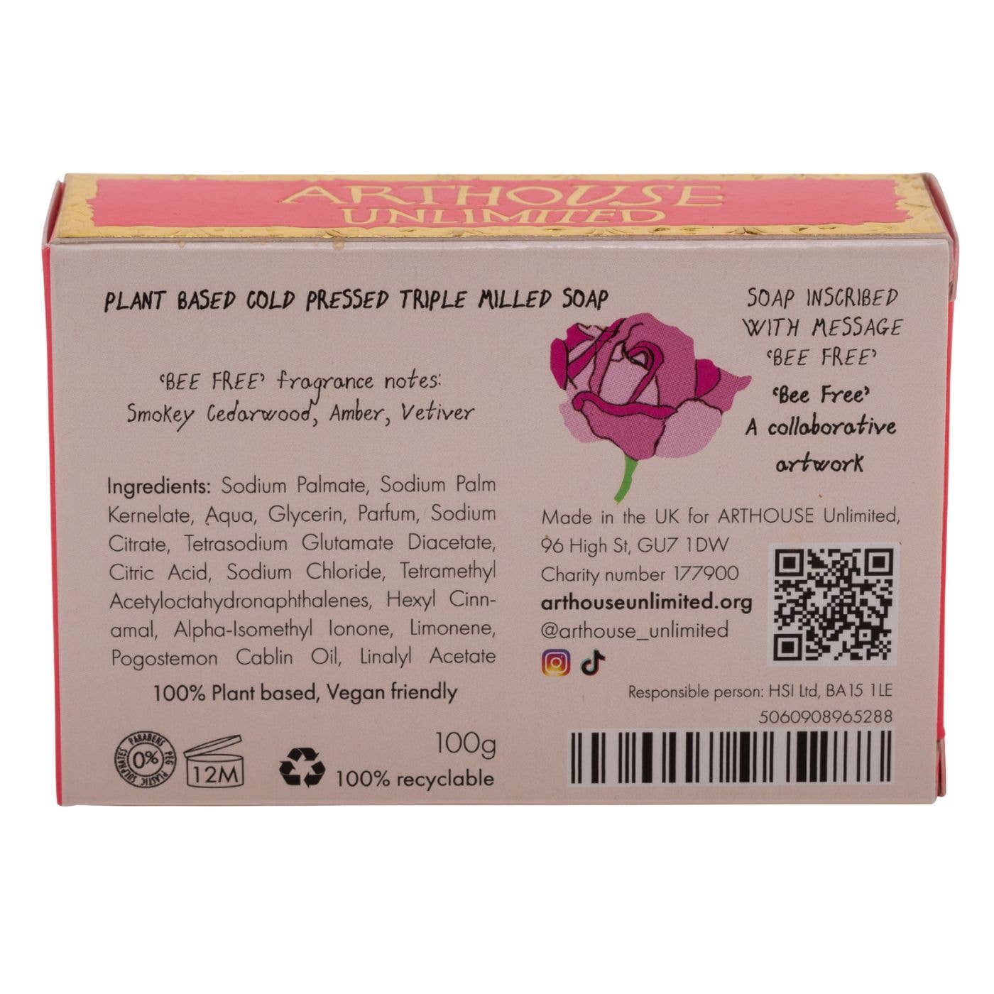 Back of a soap packaging box with branding and product details on a white background