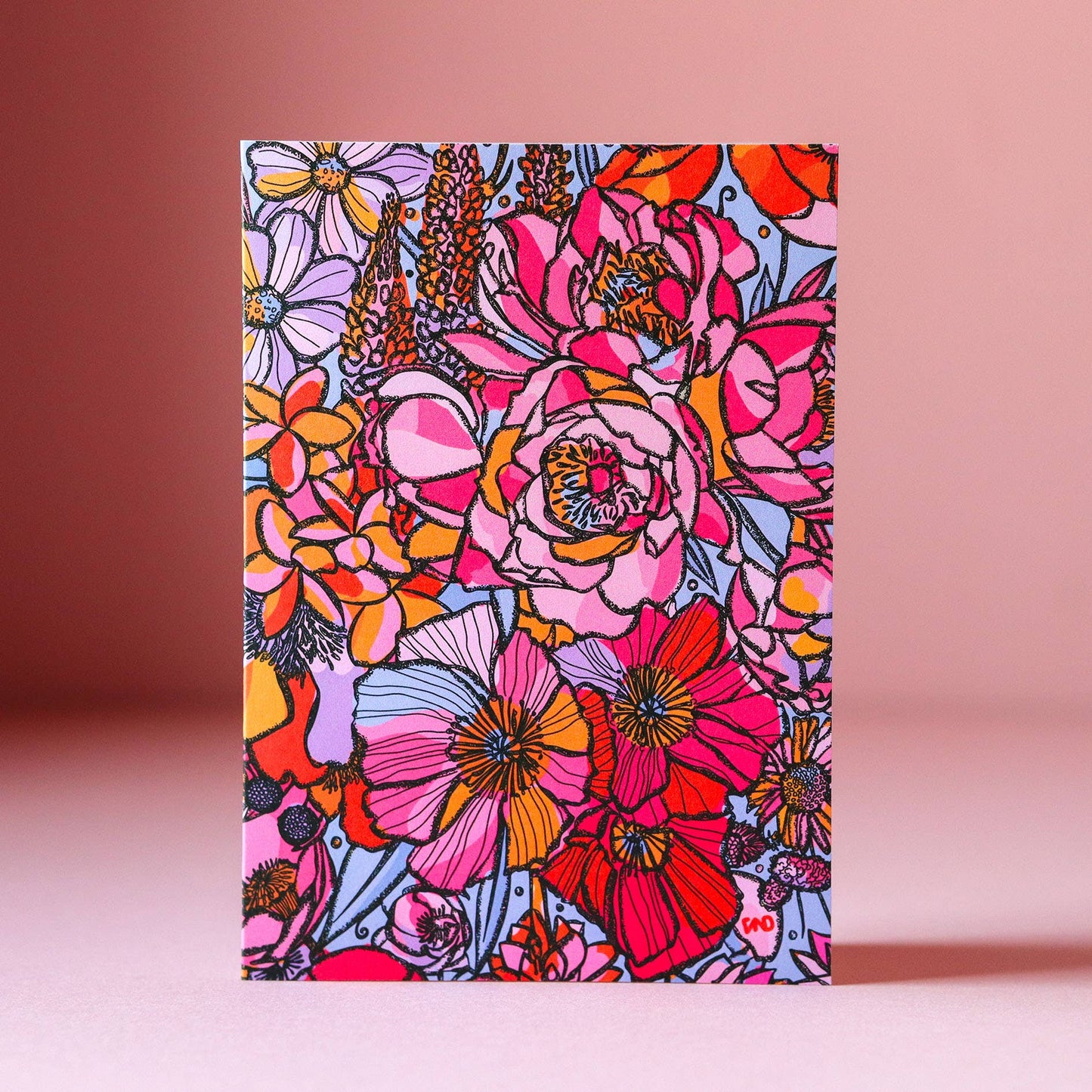 Brightly coloured floral greetings card, blank inside.