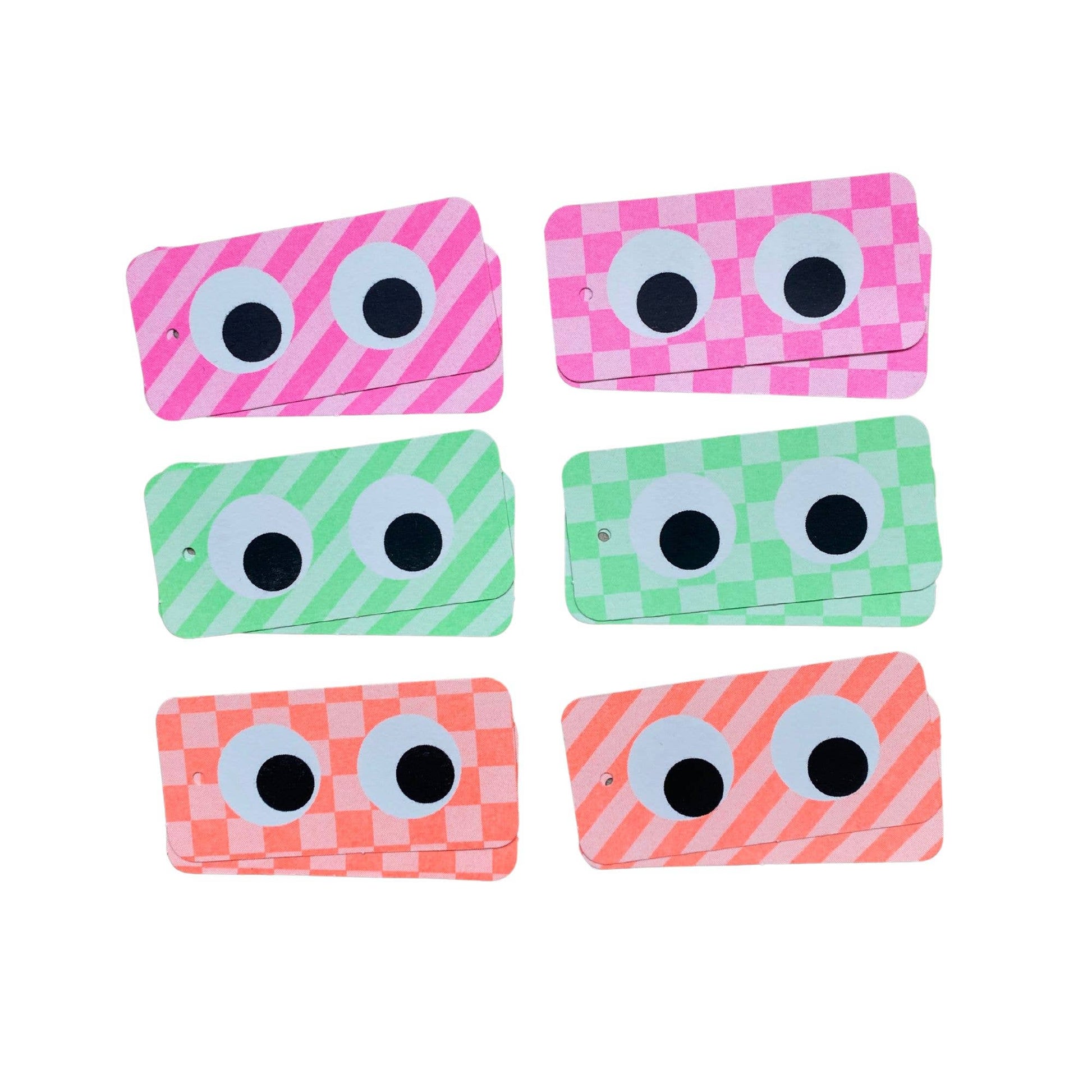 Set of six colorful rectangular pouches with googly eyes on a white background