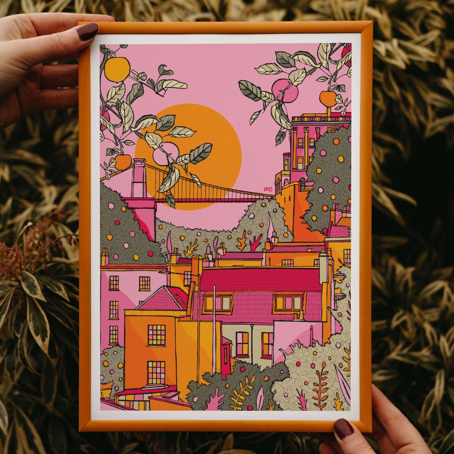 Bristol Art Print, in orange, pink & yellow, Bristol Scene Print, Bristol Artwork