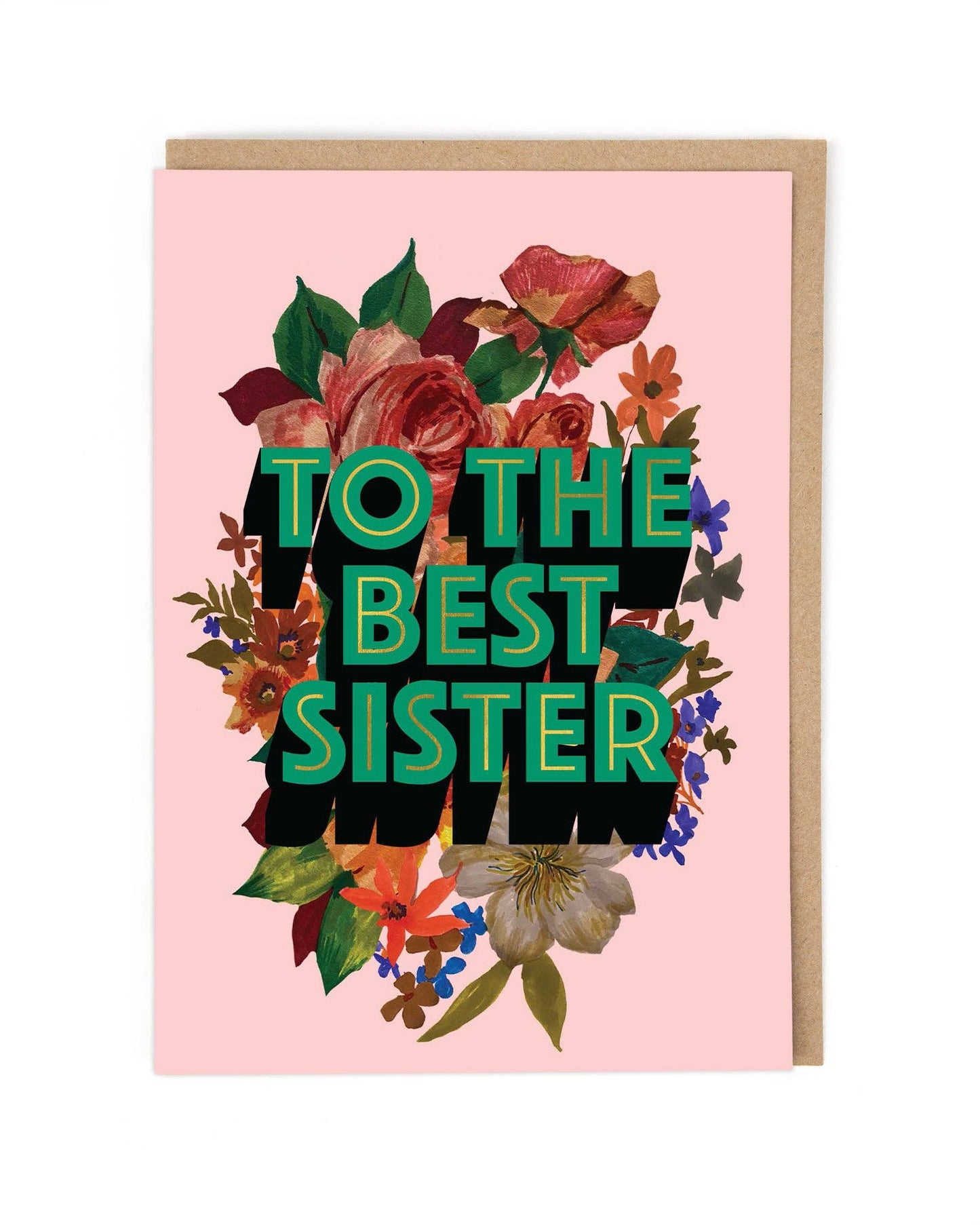 Greeting card with floral design and text 'To the best sister' on a pink background