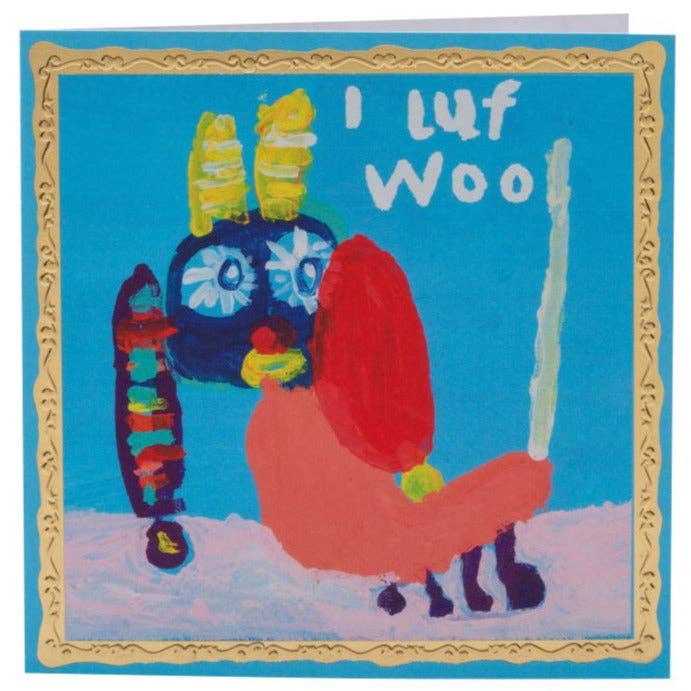 Colorful illustration of a creature with 'I Luf Woo' text on a blue background