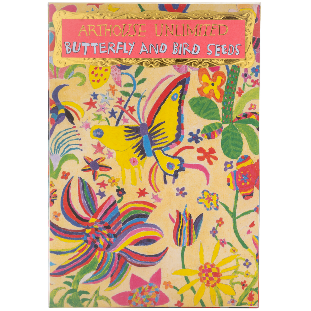Colorful packaging for butterfly and bird seeds with a butterfly design on a white background