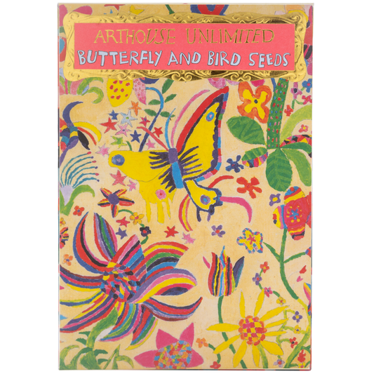 Colorful packaging for butterfly and bird seeds with a butterfly design on a white background