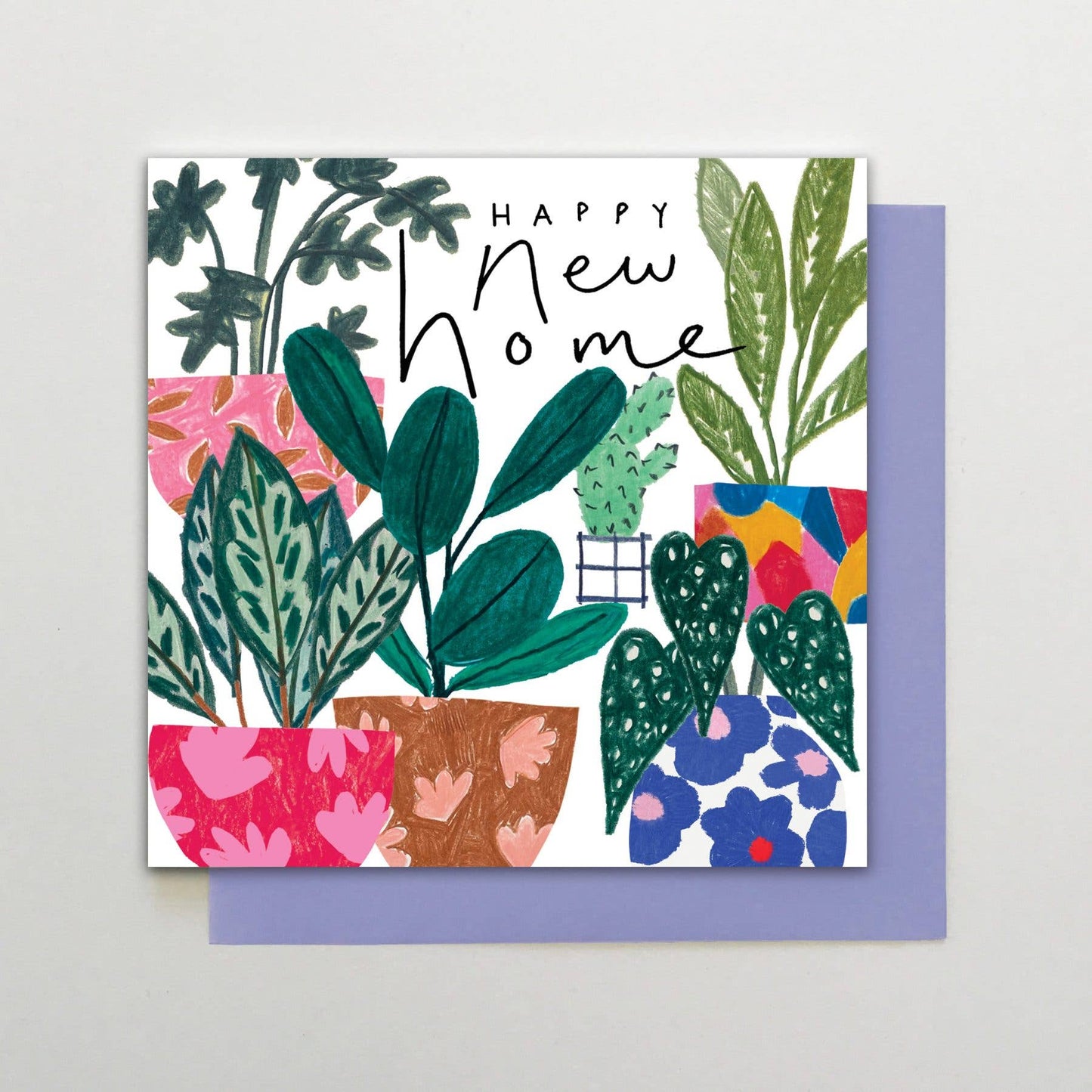 Greeting card with plant illustrations and 'Happy New Home' text on a white background