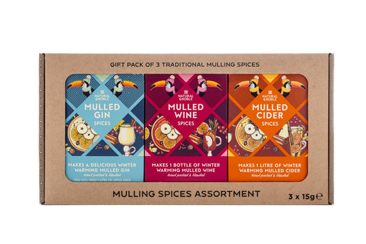 Gift pack of 3 traditional mulling spices with colorful labels on a white background