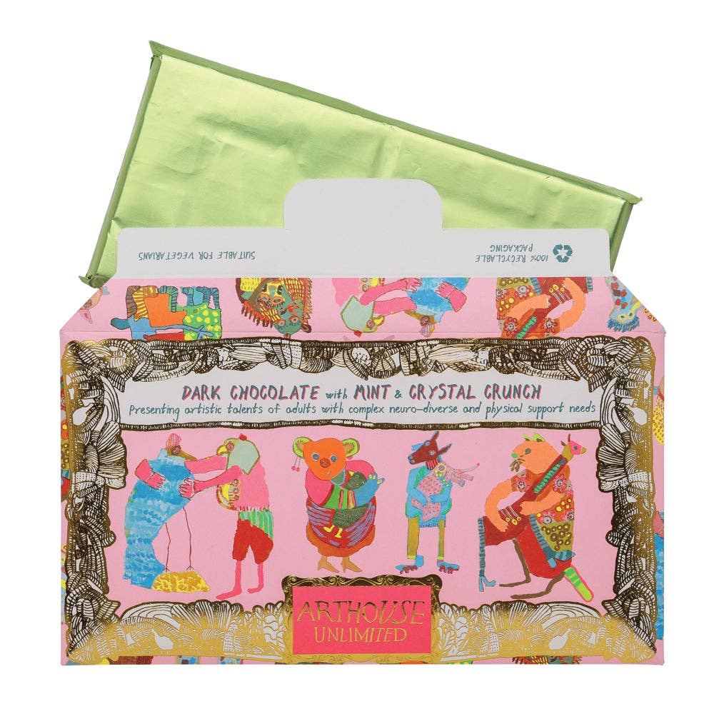 Chocolate packaging with colorful illustrations and text on a white background