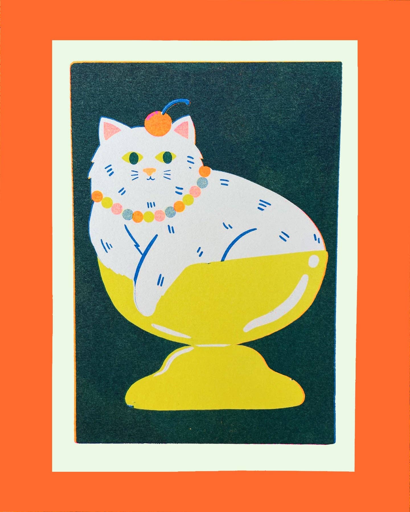 Illustration of a cat sitting inside a yellow bowl on a dark green background with an orange border.