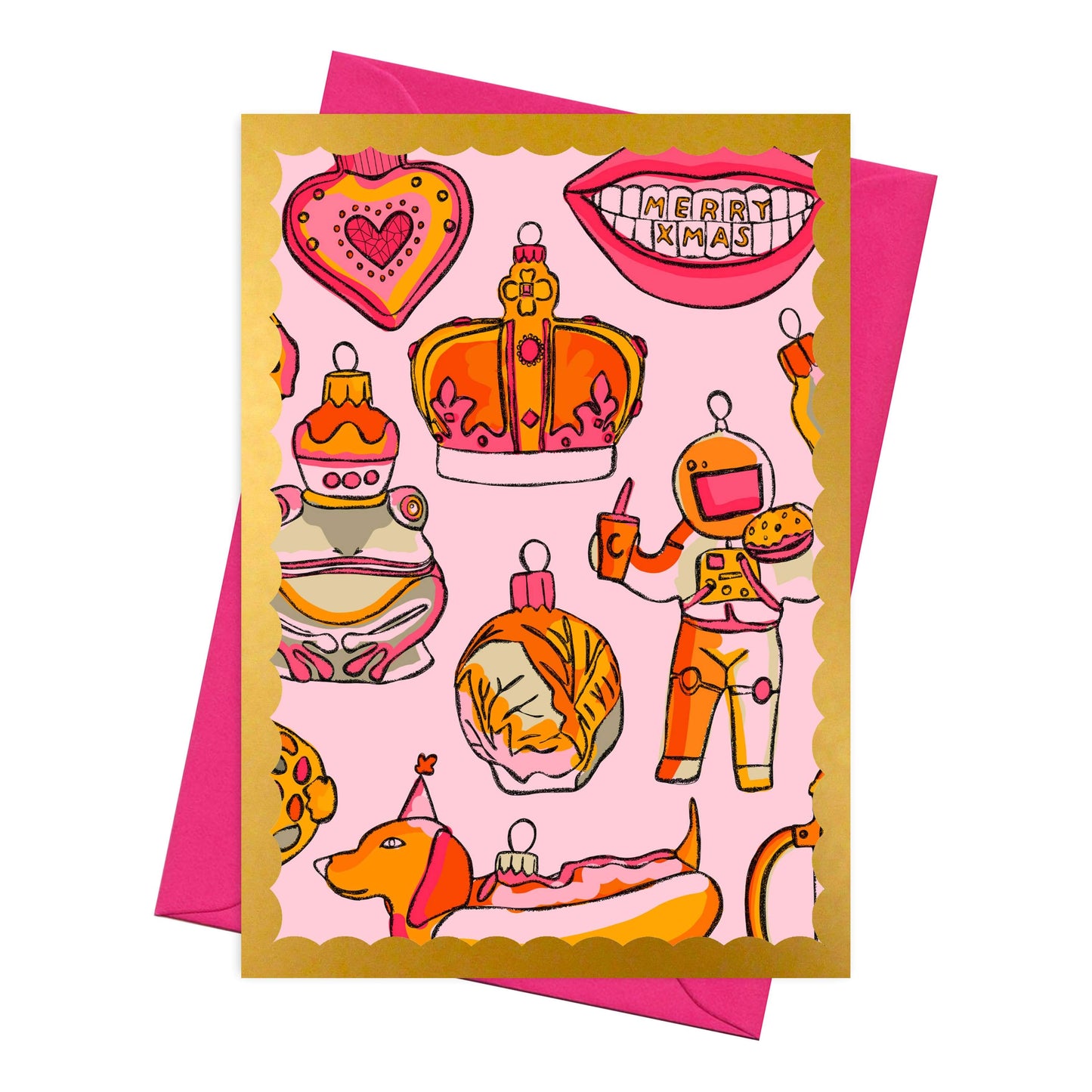 Quirky pink Bauble Christmas Card with spaceman, hearts & a sausage dog