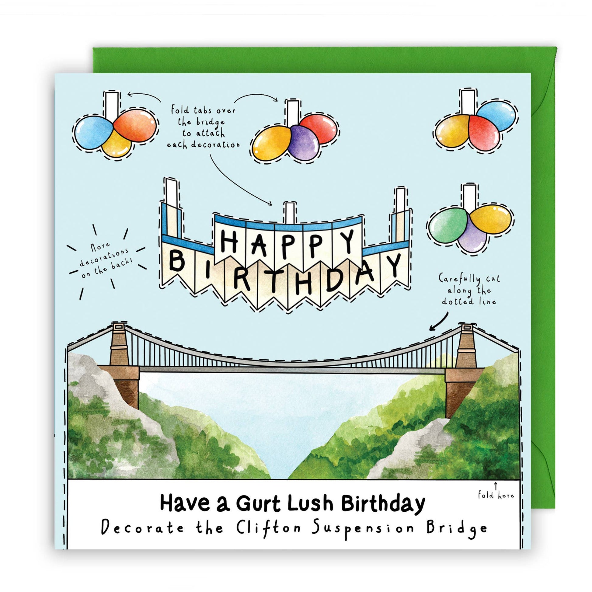 Birthday card with Clifton Suspension Bridge design and colorful balloons.