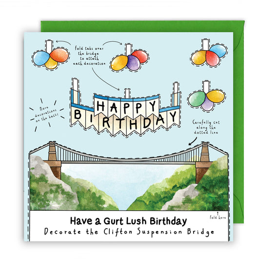 Birthday card with Clifton Suspension Bridge design and colorful balloons.