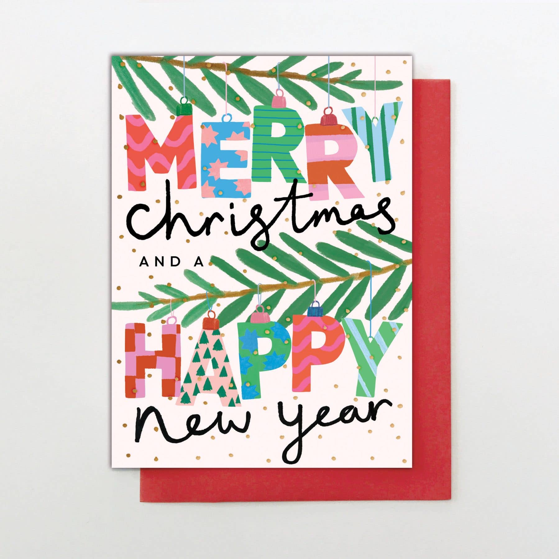 Christmas card with colorful text and festive design on a white background