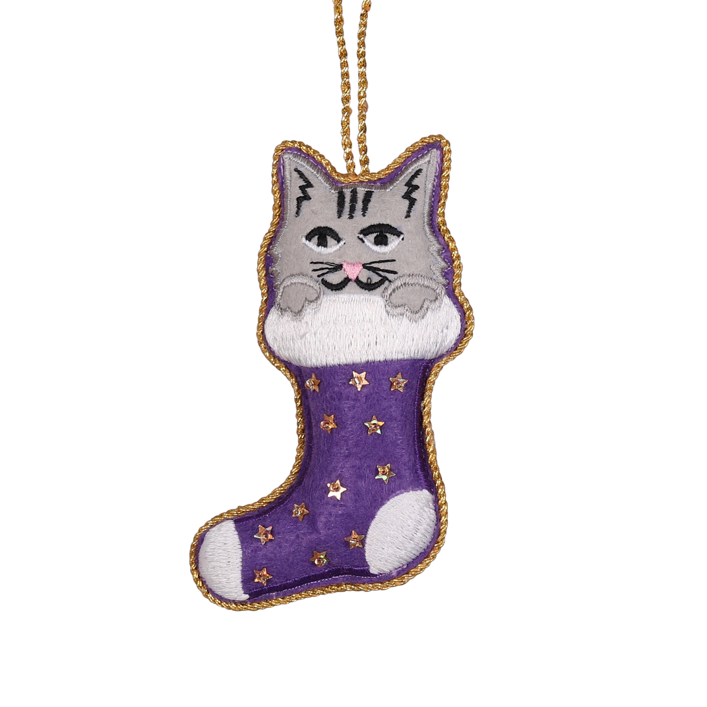 Cat in Stocking Embroidered Decoration, 11cm