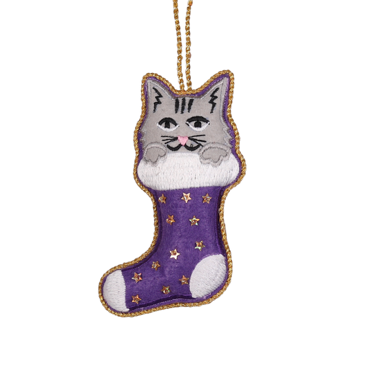 Cat in Stocking Embroidered Decoration, 11cm