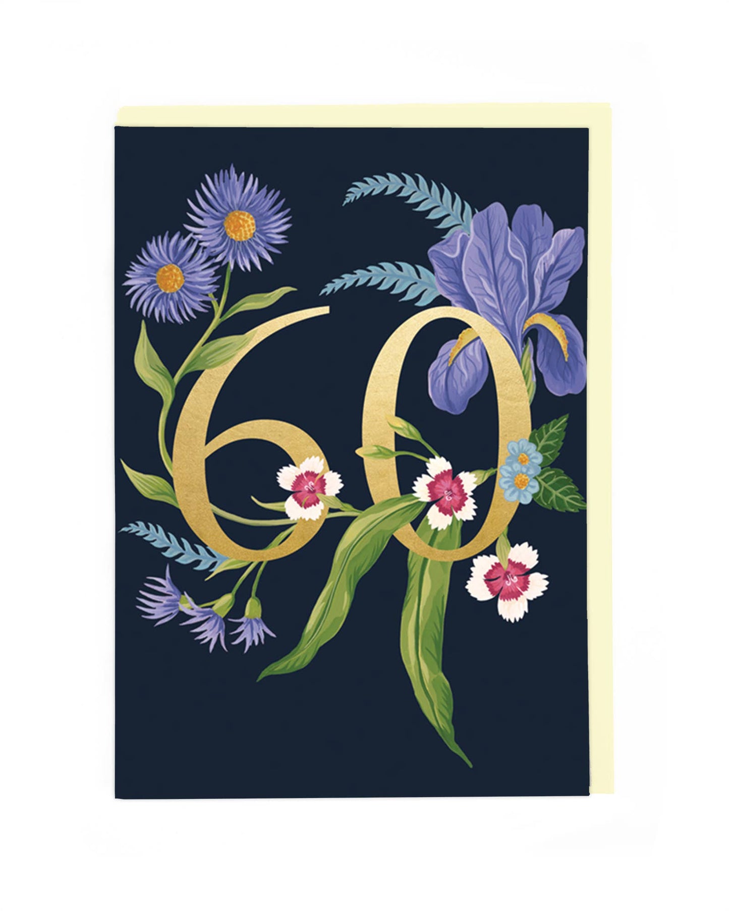 Handpainted floral design wrapping around a gold 60 on a dark background, card blank insides.