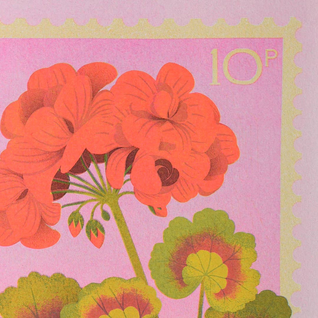 Risograph print of geranium on a postage stamp.