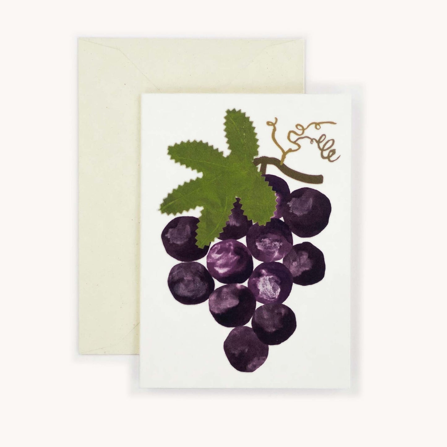 small greetings card with illustration of grapes on white background