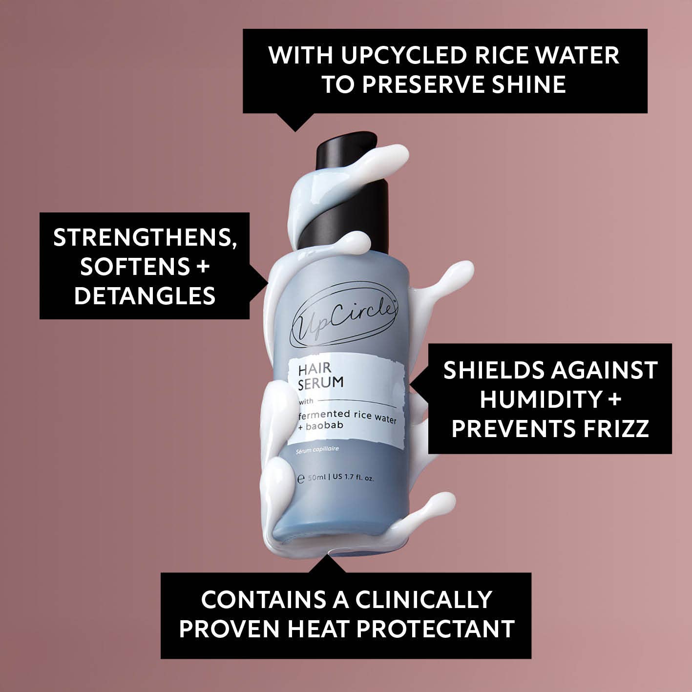 Hair serum bottle with text highlighting its benefits on a pink background