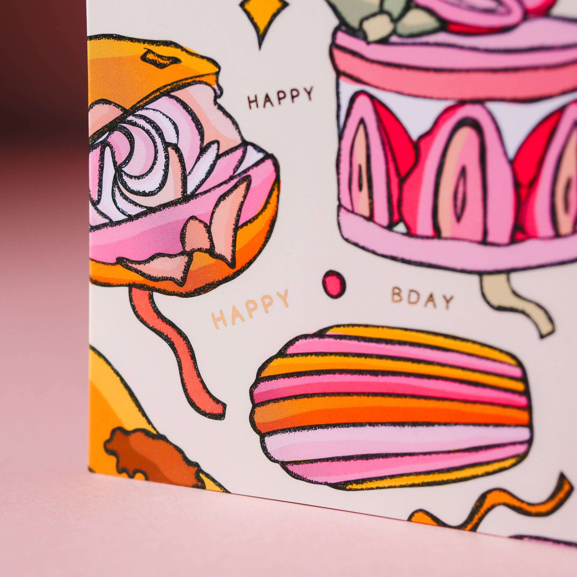 Parisian Patisserie pastries and cakes birthday card in pink & orange, maximalist card, birthday cards