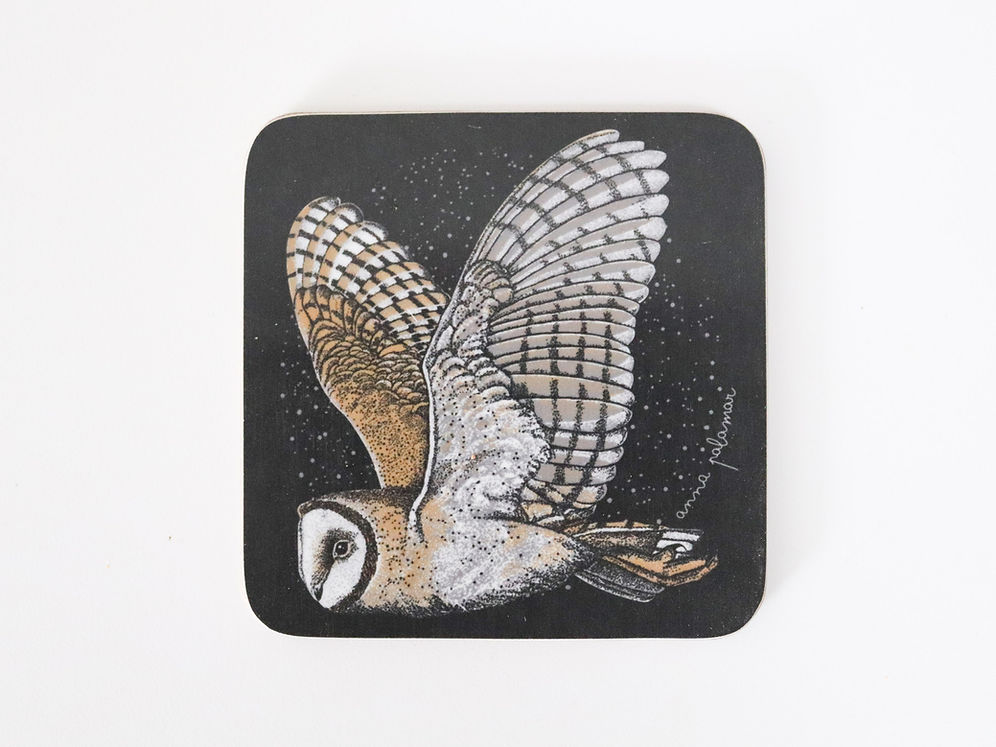 A square black coaster with rounded corners featuring a detailed illustration of a barn owl in flight.
