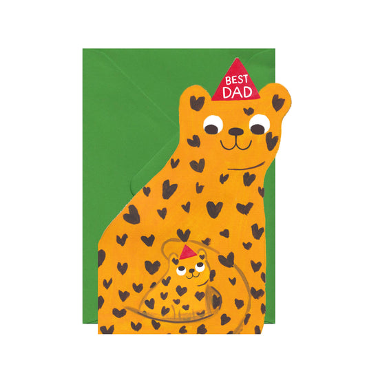 Greeting card with a cartoon bear design and 'Best Dad' hat on a green envelope.