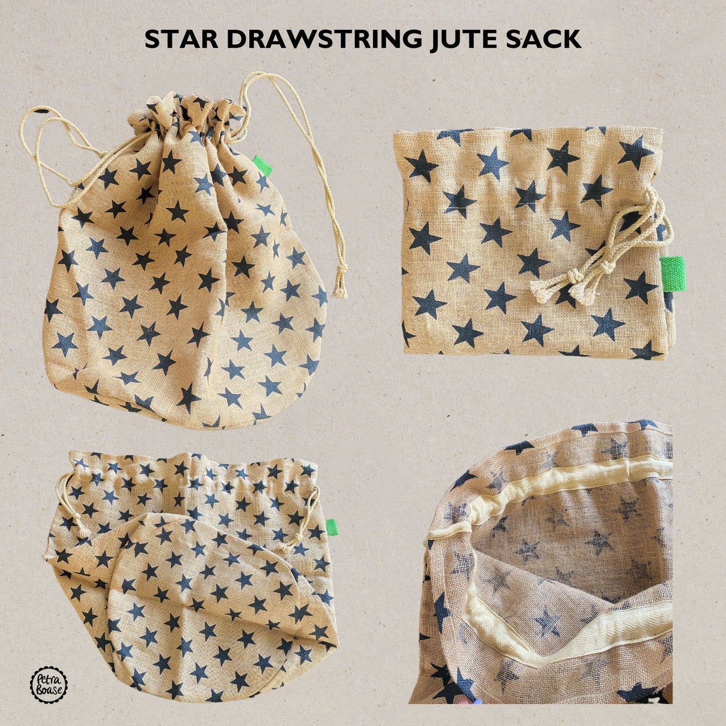 Star drawstring jute sacks on a beige background