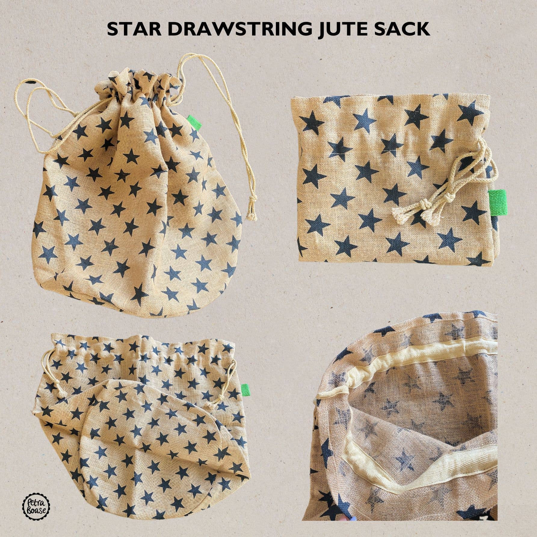 Star drawstring jute sacks on a beige background