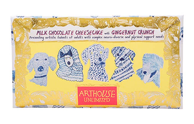 Box of Arthouse Unlimited milk chocolate cheesecake with gingercrunch on a white background
