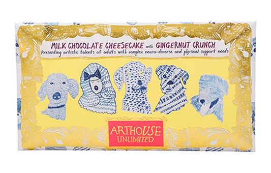 Box of Arthouse Unlimited milk chocolate cheesecake with gingercrunch on a white background