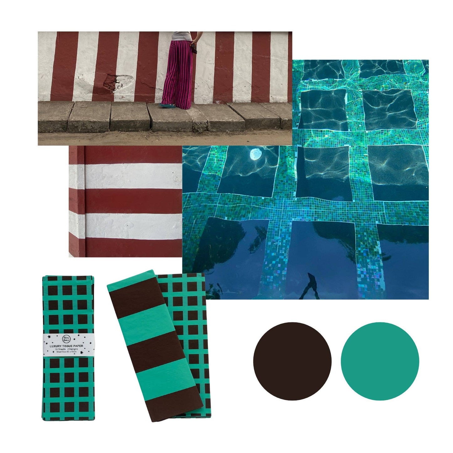 Collection of poolside accessories including a striped towel, checkered mat, and green and brown striped towel with pool and tiles background.
