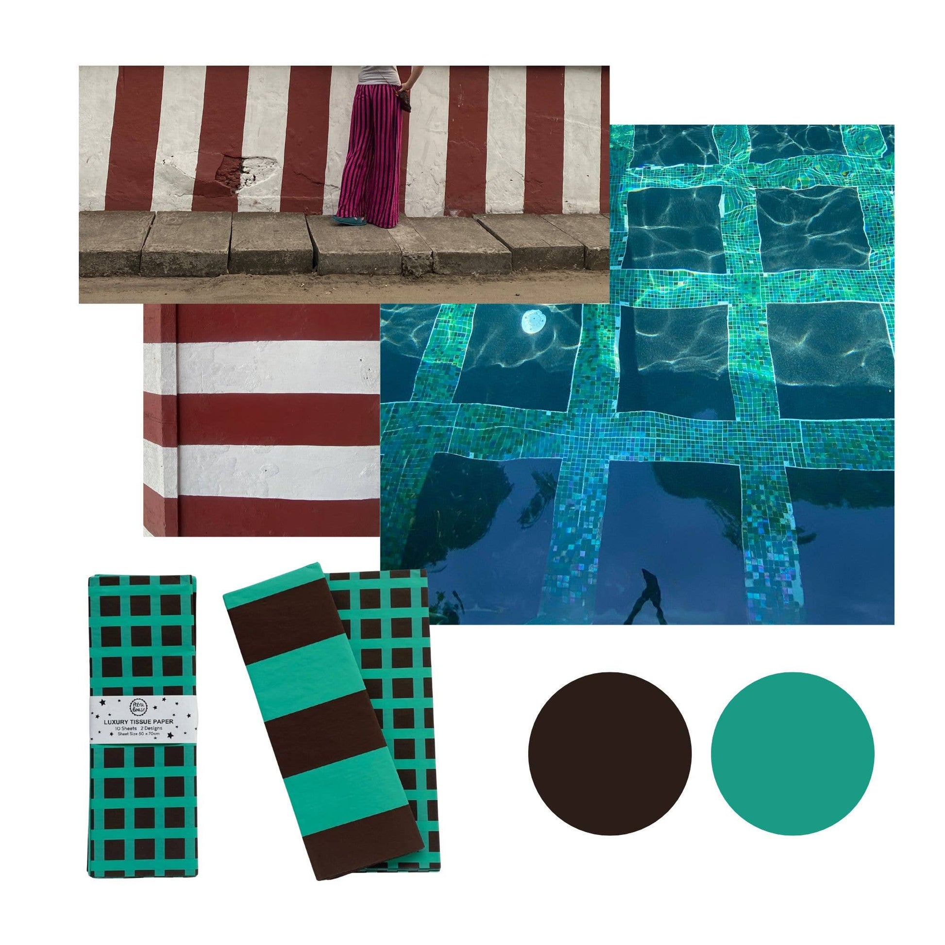 Collection of poolside accessories including a striped towel, checkered mat, and green and brown striped towel with pool and tiles background.
