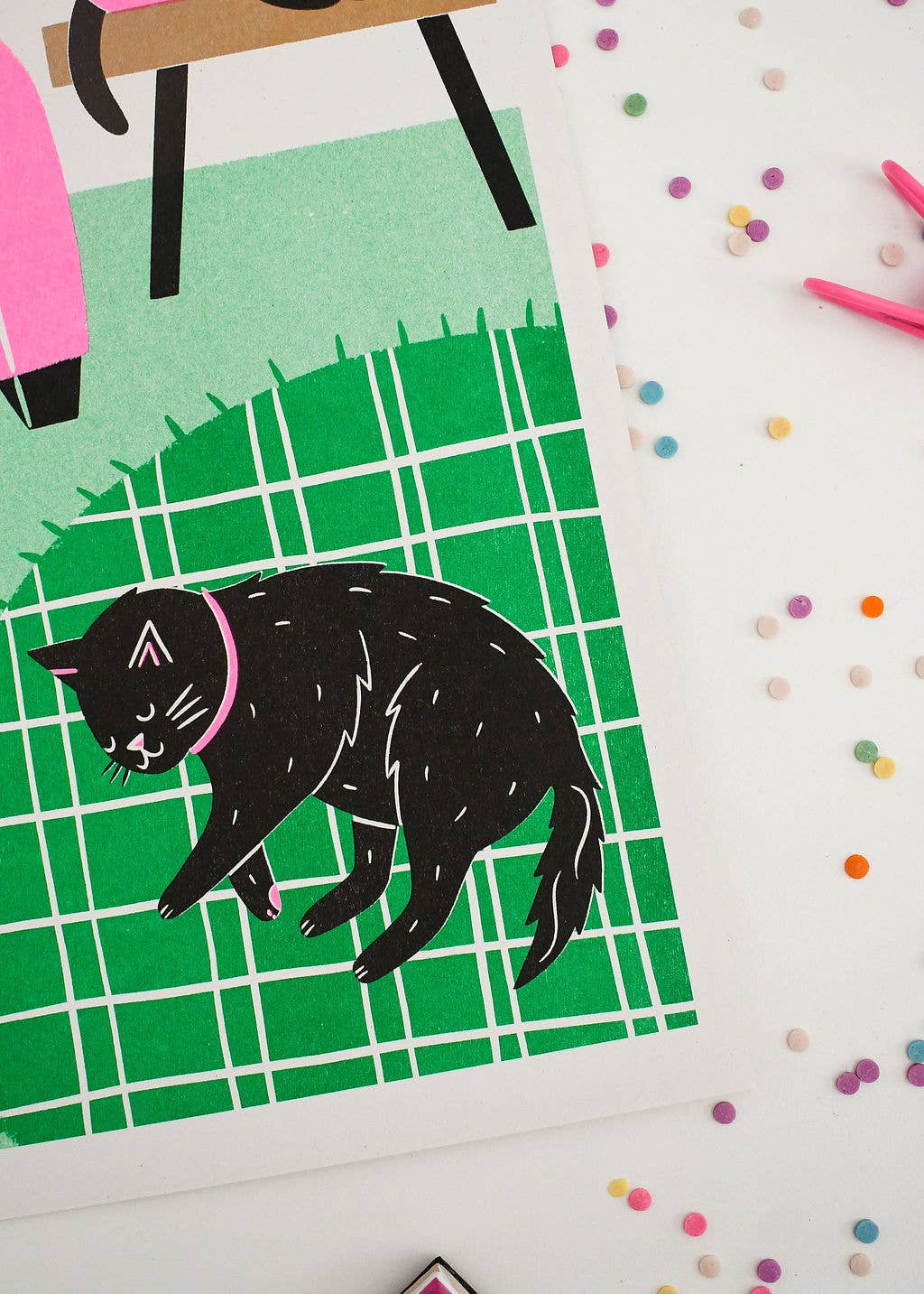 Illustration of a black cat on a green checkered background with colorful confetti around.