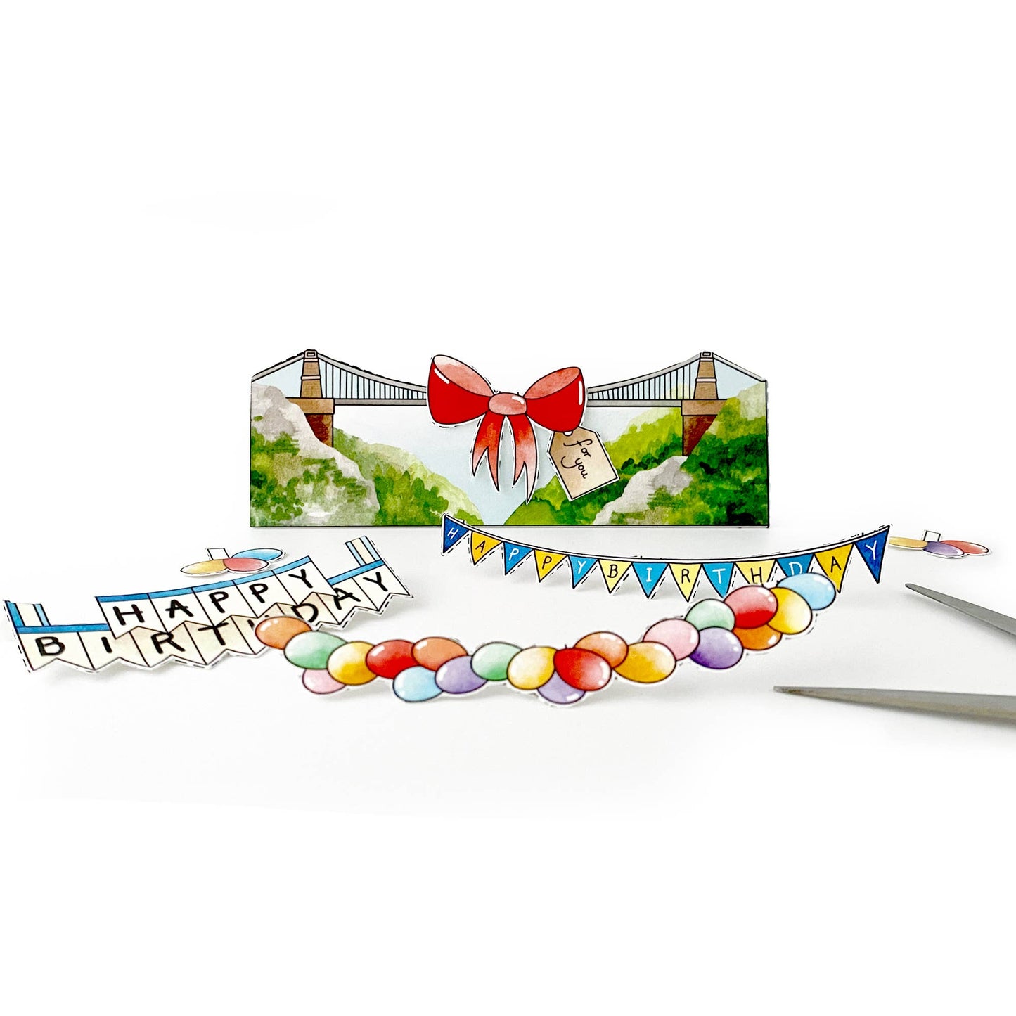 Illustration of a birthday card with a landscape, bow, and 'Happy Birthday' banner.