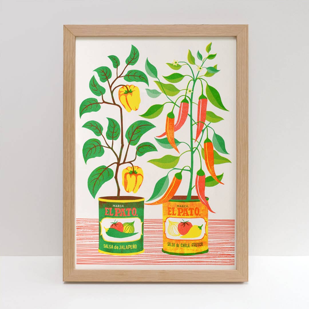 Risograph print of chillis growing in tins.