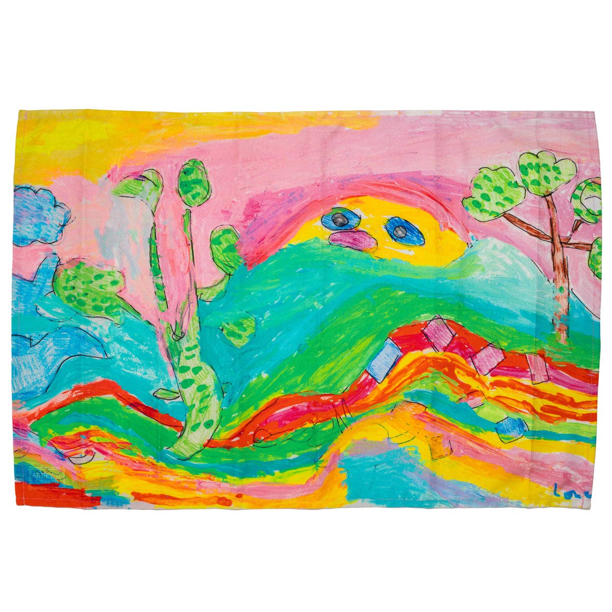 Colorful child's drawing of a landscape with trees and a house.
