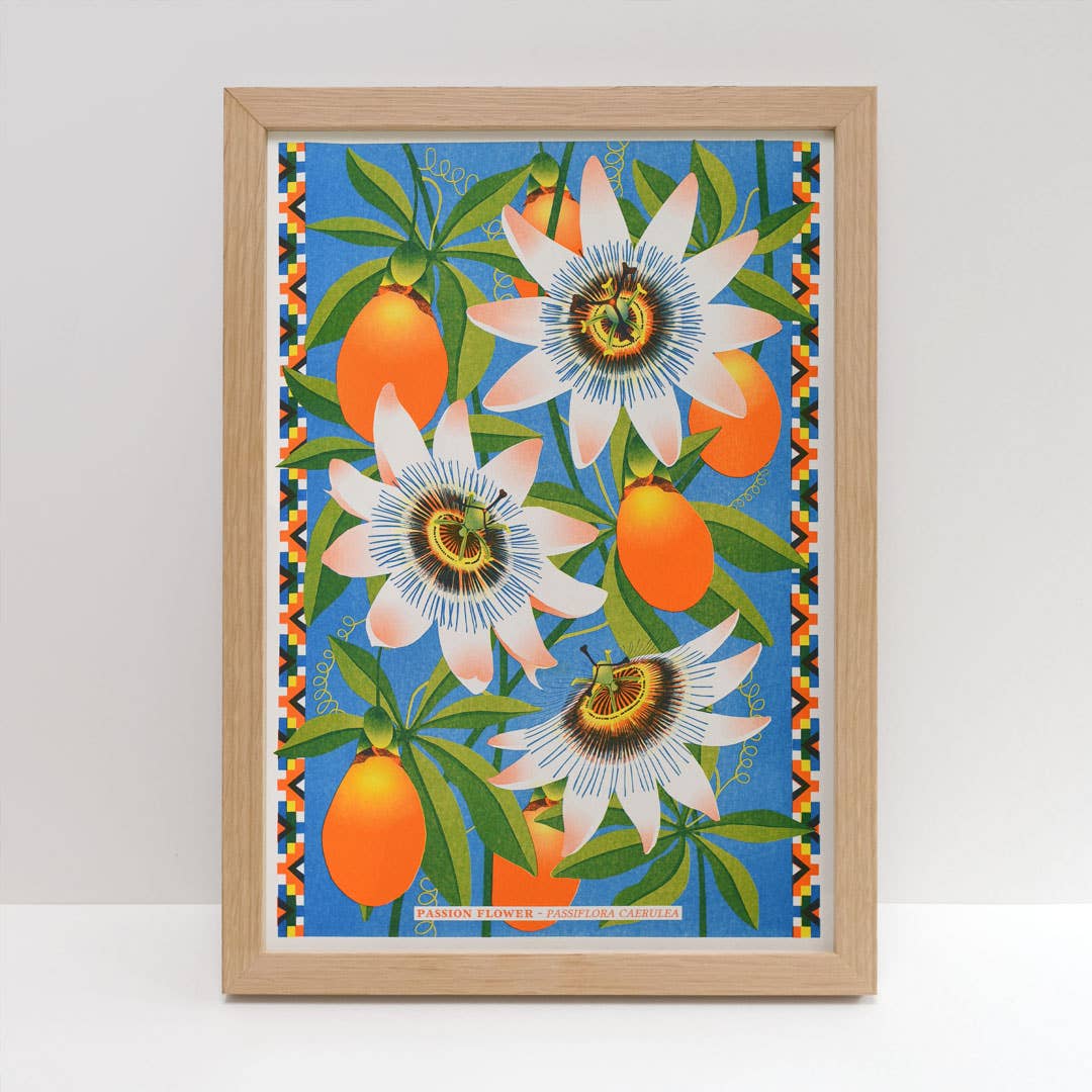 Colourful risograph print of a fruiting passionflower.