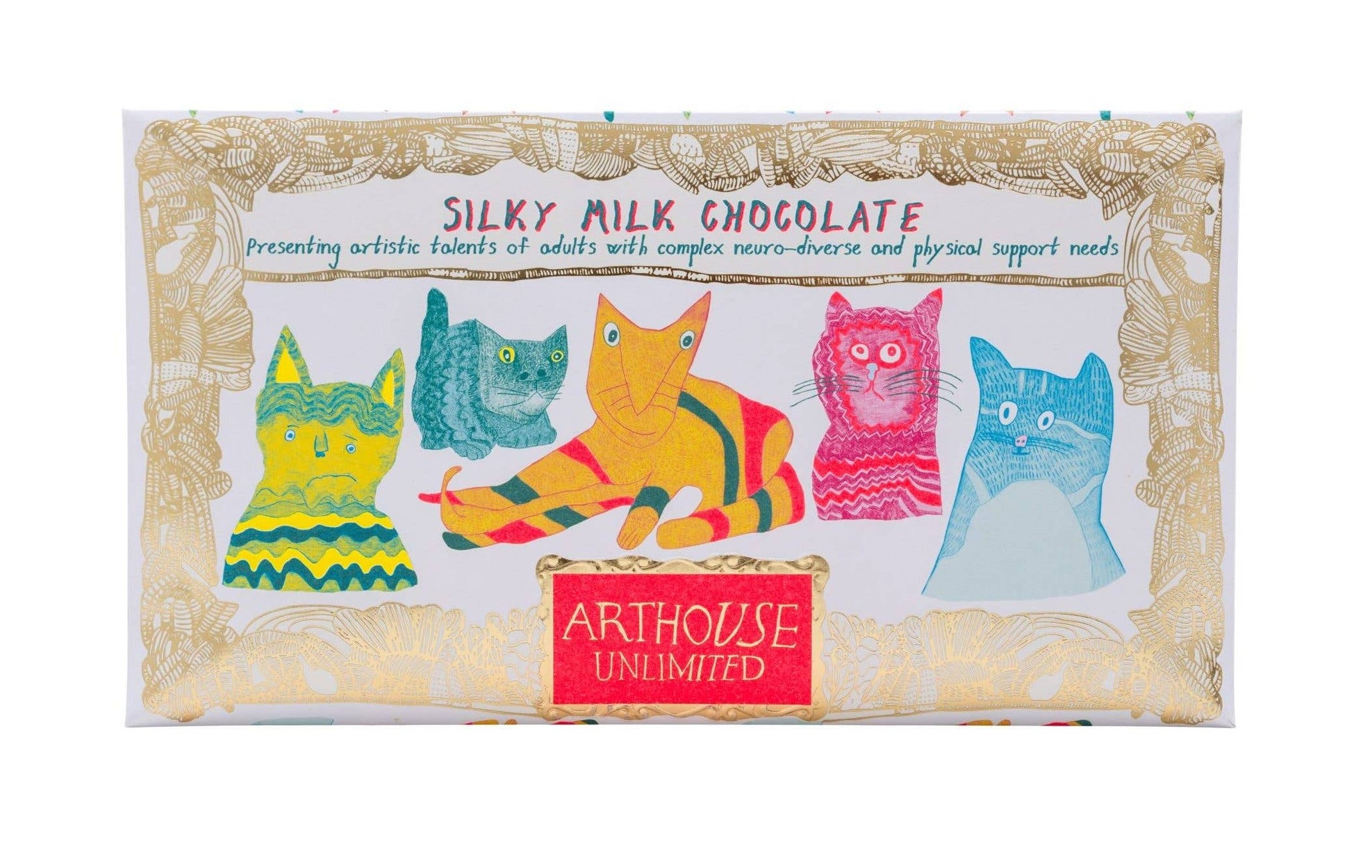 Silky milk chocolate packaging with colorful cat illustrations and Arthouse Unlimited branding.