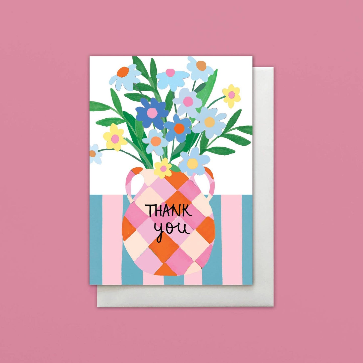 Greeting card with floral design and 'Thank you' text on a pink background