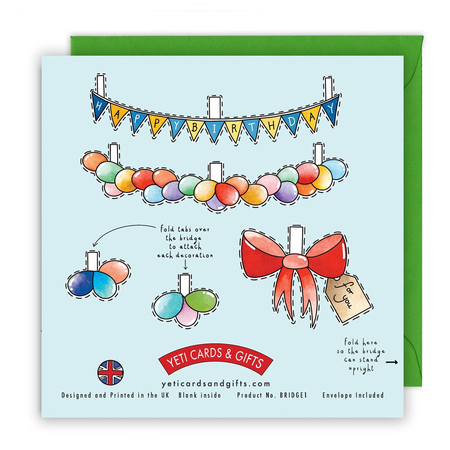 Greeting card with colorful decorations and a 'Happy Birthday' banner, featuring Yeti Cards & Gifts branding.