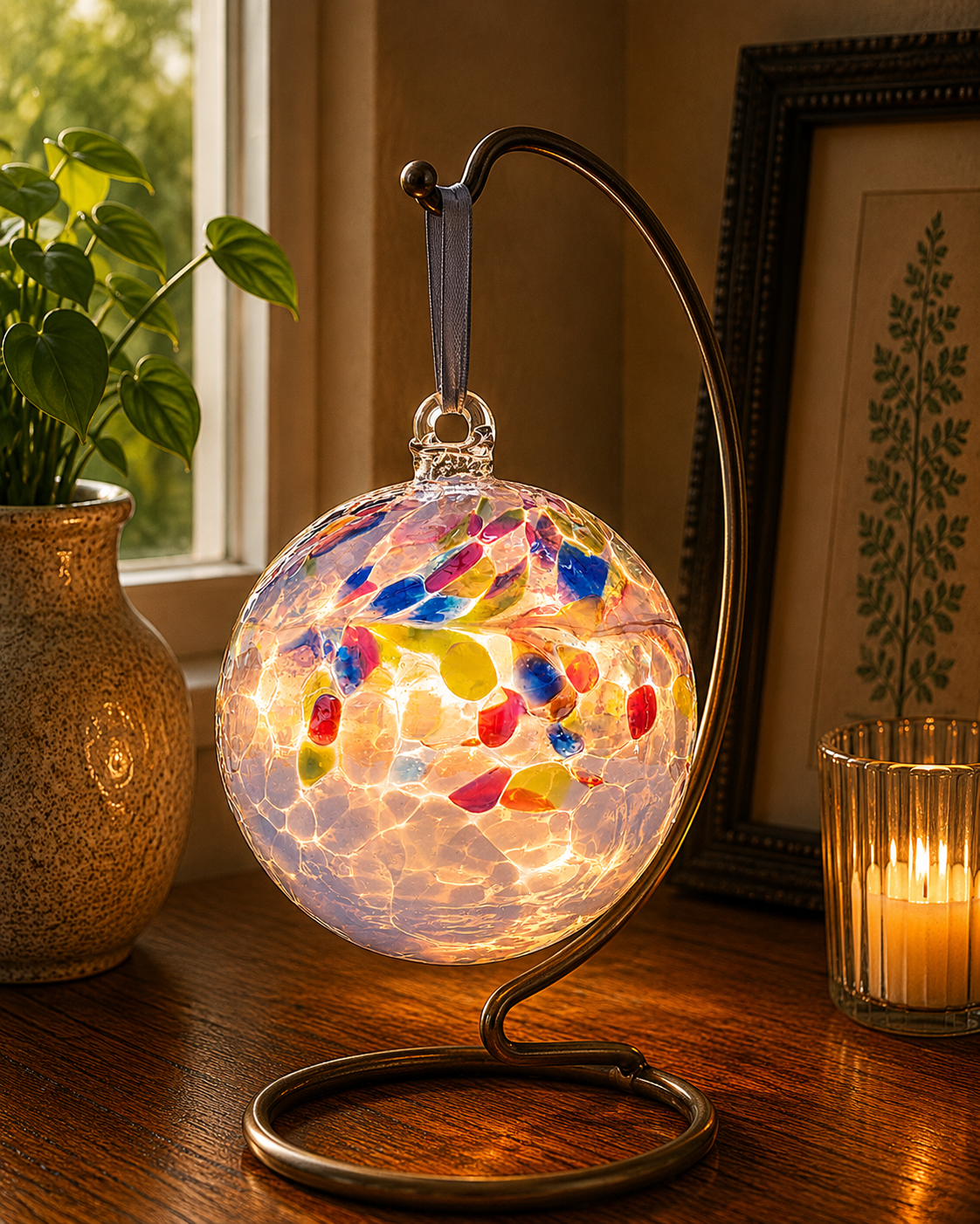Decorative glass lamp with colorful design on a wooden surface next to a plant and candle.