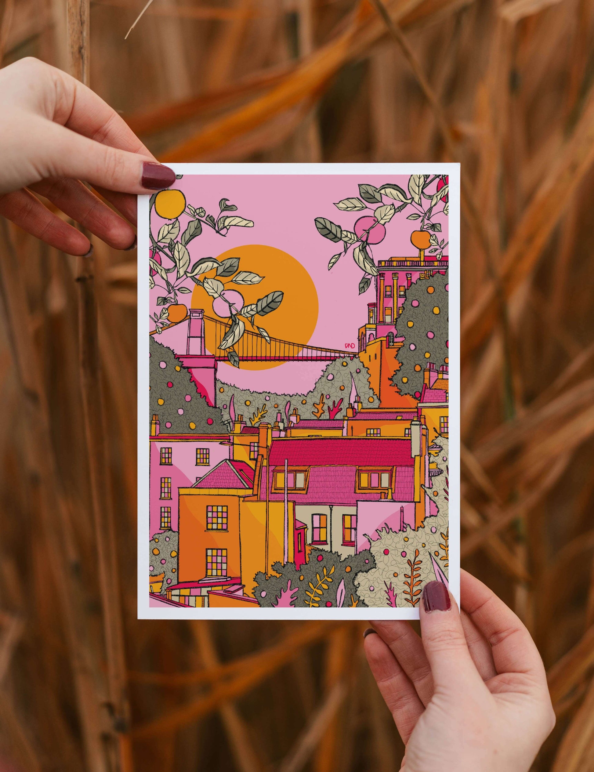 Bristol Art Print, in orange, pink & yellow, Bristol Scene Print, Bristol Artwork