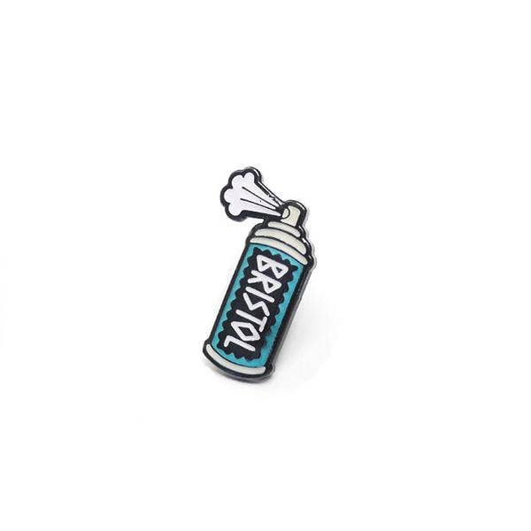 Enamel pin of a spray can with 'Bristol' branding on a white background