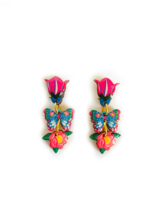 Bright floral and butterfly drop wooden and resin earrings.