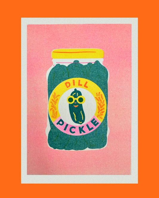 Illustration of a jar of dill pickle on a pink background with an orange border.
