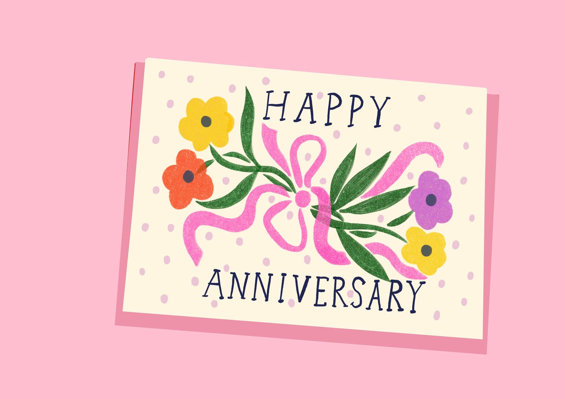 Happy Anniversary card with flowers and a pink bow on a pink background
