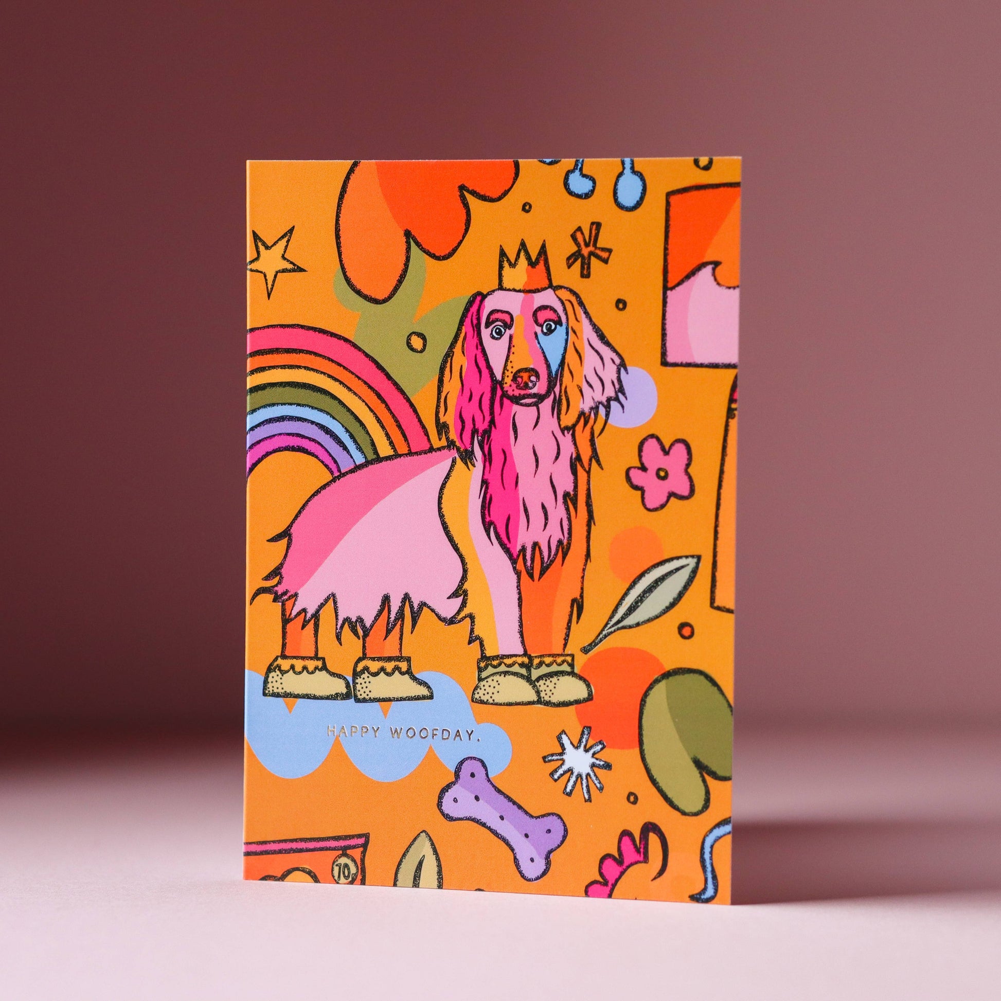 Card featuring a dachshund wearing crown.  Happy Woofday Card