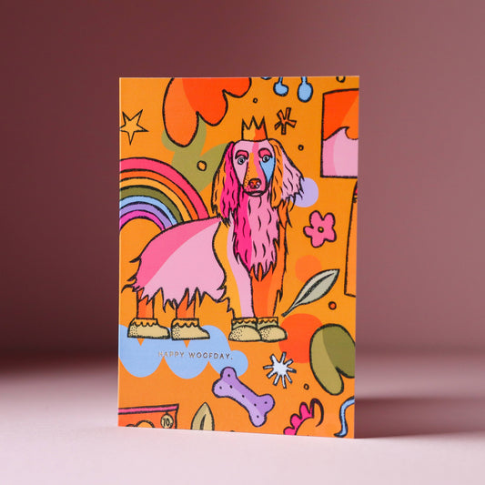 Card featuring a dachshund wearing crown.  Happy Woofday Card