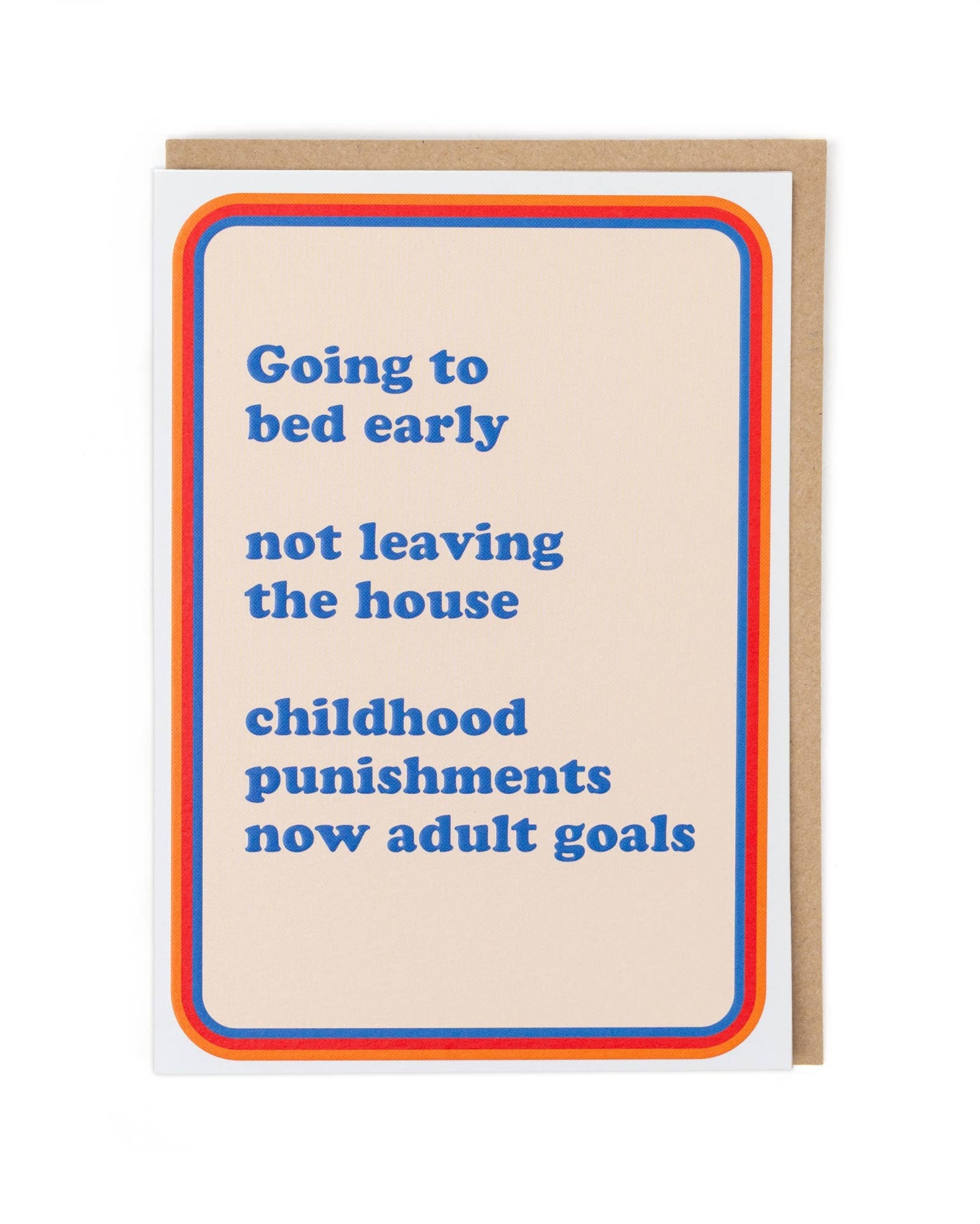 Card with humorous text about bedtime routines and goals, framed by a colorful border.